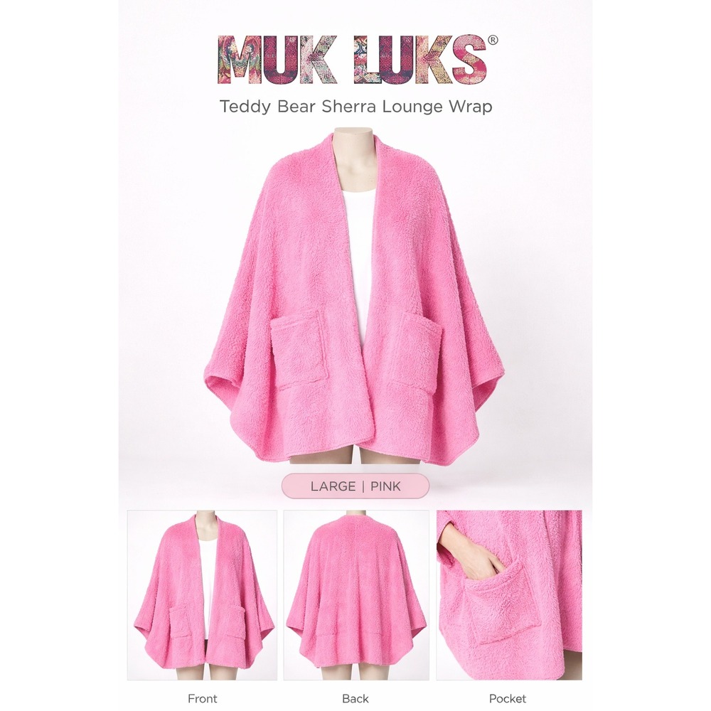 Muk Luks Pink Sherpa Wrap Open Front Pocket Shawl Cape Cozy Loungewear One Size